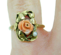 10k Yellow Gold Art Nouveau Coral Ring with Rose Leaves and Pearl (#J4551)
