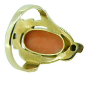 10k Gold Art Nouveau Genuine Natural Coral Cameo Ring with Diamonds (#J4647)