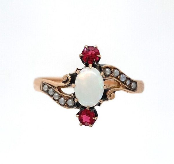 14k Yellow Gold Victorian Opal and Red Paste Stone Ring (#J6139)