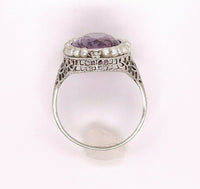 Art Deco 14k White Gold Filigree Amethyst Ring with Seed Pearls (#J4827)