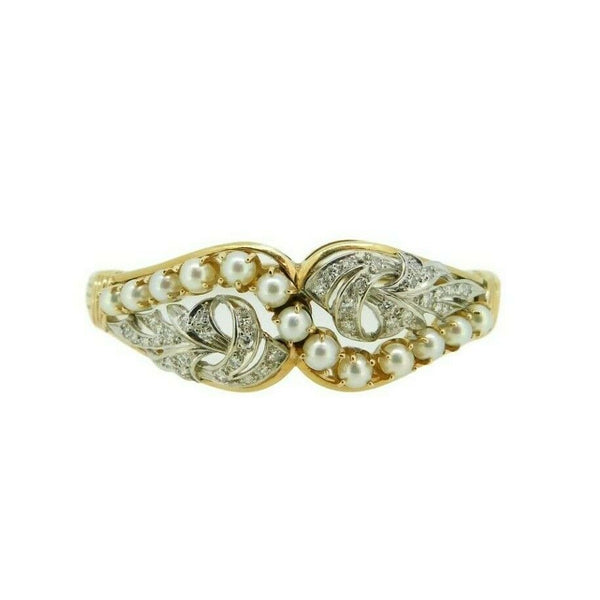 14k White and Yellow Gold Diamond and Pearl Bangle Bracelet (#J727)