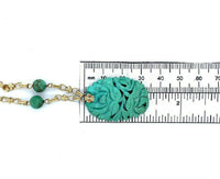 14k Yellow Gold Art Deco Carved Genuine Natural Turquoise Necklace (#J5372)