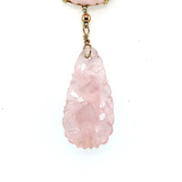 14k Yellow Gold Deco Carved Genuine Natural Rose Quartz Necklace (#J5926)