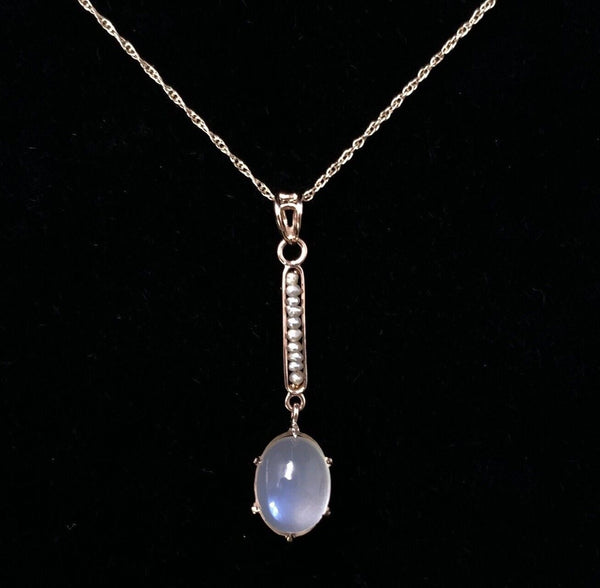 10k Yellow Gold Victorian Moonstone and Seed Pearl Lavaliere Jewelry (#J5627)