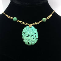 14k Yellow Gold Art Deco Carved Genuine Natural Turquoise Necklace (#J5372)