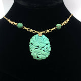 14k Yellow Gold Art Deco Carved Genuine Natural Turquoise Necklace (#J5372)