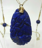 14k Gold Art Deco Carved Genuine Natural Lapis Necklace (#J3649)