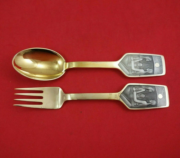 Christmas Theme by Michelsen Sterling Silver Fork and Spoon Set 1973 Vermeil