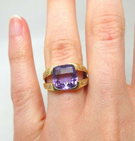 14k Gold Cushion Cut Genuine Natural Amethyst Ring with Diamonds (#J3810)