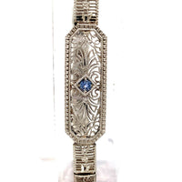 10k White Gold Art Deco Genuine Natural Sapphire Filigree Bracelet (#J5535)