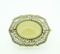 14k White Gold Filigree Art Deco Jade Pin with Pearls (#J1029)