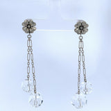 14k Gold Long Deco Earrings Genuine Natural Rock Crystal and Flowers (#J4993)