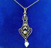 10k Yellow Gold Victorian Lavaliere Pendant with Pearl and Diamond (#J4539)