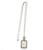 14k Gold Genuine Natural Rock Crystal Quartz Diamond Filigree Necklace (#J5455)
