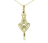 10k Yellow Gold Victorian Lavaliere Pendant with Pearl and Diamond (#J4539)