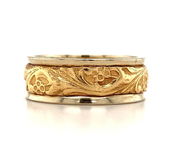 14k White Gold Band with Yellow Gold Floral Accent Wedding Jewelry (#J5874)