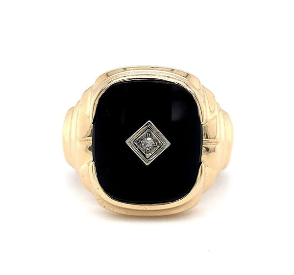 10k Yellow Gold Men's Genuine Natural Black Onyx and Diamond Ring (#J5594)