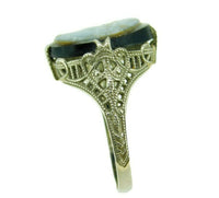 Art Deco 10k White Gold Filigree Genuine Natural Hard Stone Cameo Ring (#J2557)