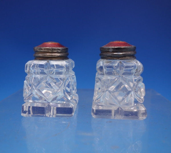 Norwegian Sterling Silver Glass Salt Pepper Shaker Set 2pc w/ Red Enamel (#6895)