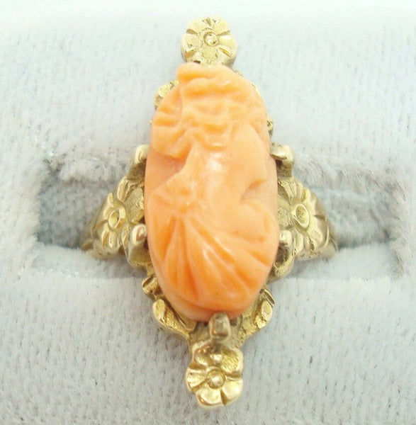 Art Nouveau Oval Genuine Natural Coral Cameo Ring (#J2227)