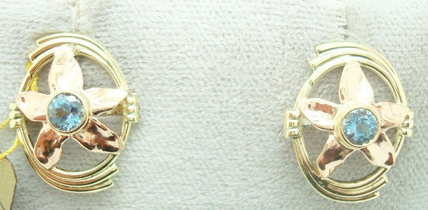 Retro 14k Gold Genuine Natural Aquamarine Earrings w/Rose Gold Flowers (#J2522)
