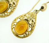 English 9k Gold Genuine Natural Citrine Earrings Filigree and Leaves (#J5068)