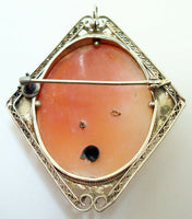 Art Deco 14k Gold Filigree Genuine Natural Shell Cameo and Diamond Pin (#J2942)
