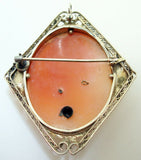 Art Deco 14k Gold Filigree Genuine Natural Shell Cameo and Diamond Pin (#J2942)