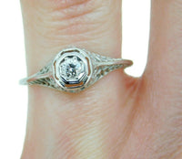 Art Deco 18k Filigree .15ct Genuine Natural Diamond Ring with Flowers (#J4766)