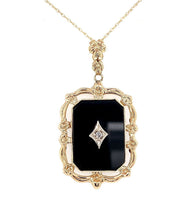 10k Yellow Gold Vintage Genuine Natural Black Onyx and Diamond Pendant (#J5637)