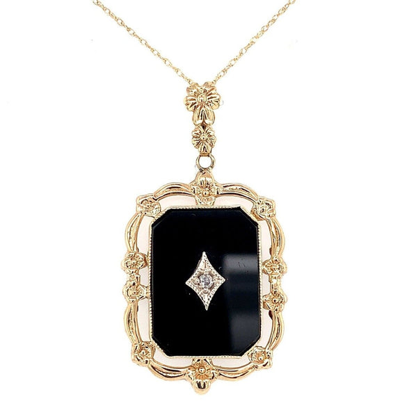 10k Yellow Gold Vintage Genuine Natural Black Onyx and Diamond Pendant (#J5637)