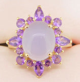 Large 14k Gold Genuine Natural Chalcedony Ring with Amethysts (#J3996)