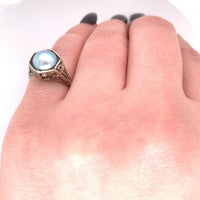 14k White Gold Art Deco 8.8mm Blue Akoya Pearl Ring (#J5518)