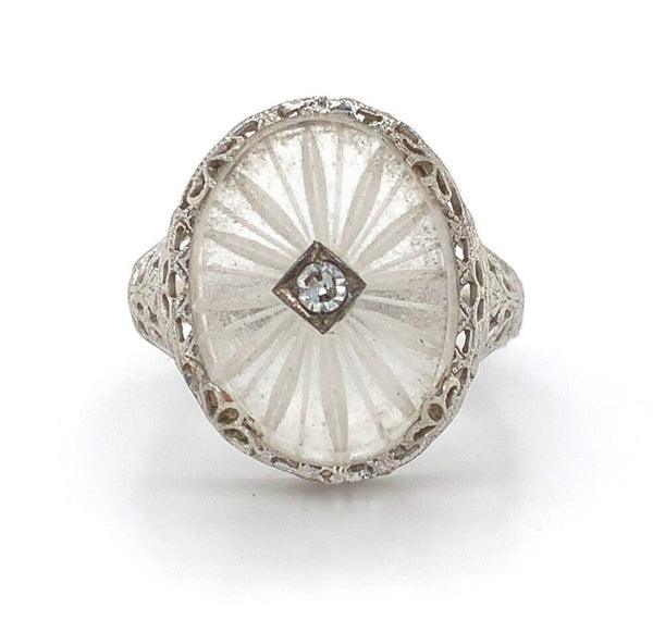 14k Gold Genuine Natural Oval Rock Crystal Quartz Filigree Ring w/Diamond #J5932