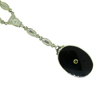 Deco 14k White Gold Filigree Genuine Natural Black Onyx Necklace (#J4671)