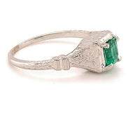 18k Gold Art Deco .56ct Genuine Natural Emerald Ring w/Engraved Flowers (#J4856)