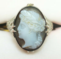 10K Gold Filigree / Art Deco Oval Hard Stone Genuine Natural Cameo Ring (#J2557)