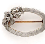 14k Gold Oval Flower Pin w/ Gilloche Engraving Applied Leaves Flowers (#J6249)