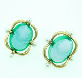 14k Yellow Gold Green and White Onyx Cameo Pin and Earring 3-piece Set (#J4313)