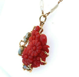 14k Yellow Gold Carved Coral and Pearl Pendant Flowers (#J5459)