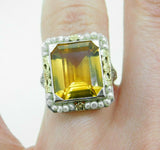 14k Gold Deco 7 Carat Citrine Filigree Ring with Flowers and Bows (#J4541)