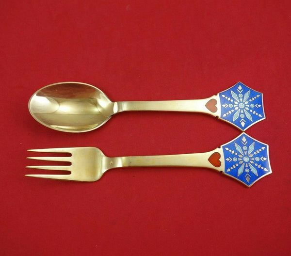 Christmas Theme by Michelsen Sterling Silver Fork and Spoon Set 1976 Vermeil