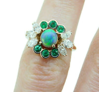 14k Rose Gold Genuine Natural Opal Emerald and Diamond Ring (#J4775)