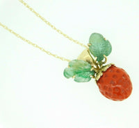 14k Gold Coral Strawberry Pendant Carved Emerald Leaves (#J4446)