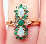 Ravishing 14k Gold Ring with Genuine Natural Pear Opals and Emeralds (#J411)