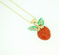 14k Yellow Gold Coral Strawberry Pendant Carved Emerald Leaves (#J4444)