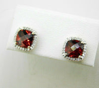 14k Gold Genuine Natural Garnet and Diamond Halo Stud Earrings (#J4664)