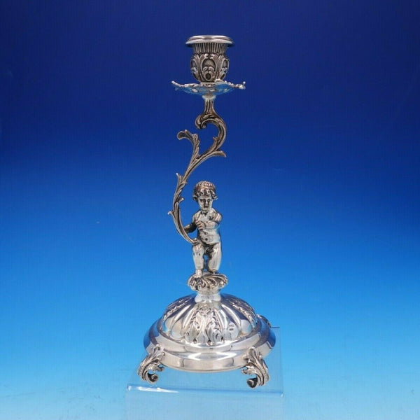 Italian 825 Silver Candlestick with Figural Cherub and Scrollwork (#4281)