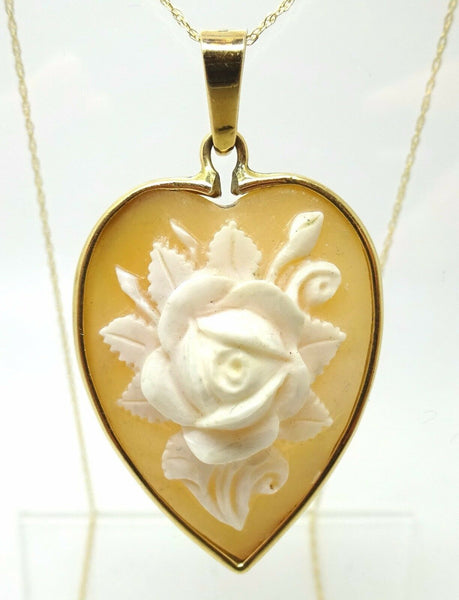 14k Gold Heart Shaped Rose Shell Genuine Natural Cameo Pendant (#J3718)