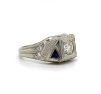 18k White Gold Art Deco Men's Diamond and Sapphire Ring Jewelry (#J5593)